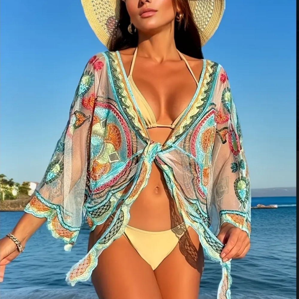 Embroidered Bohemian Cover-Up Tie Top, Colorful Sheer Mesh OSFM